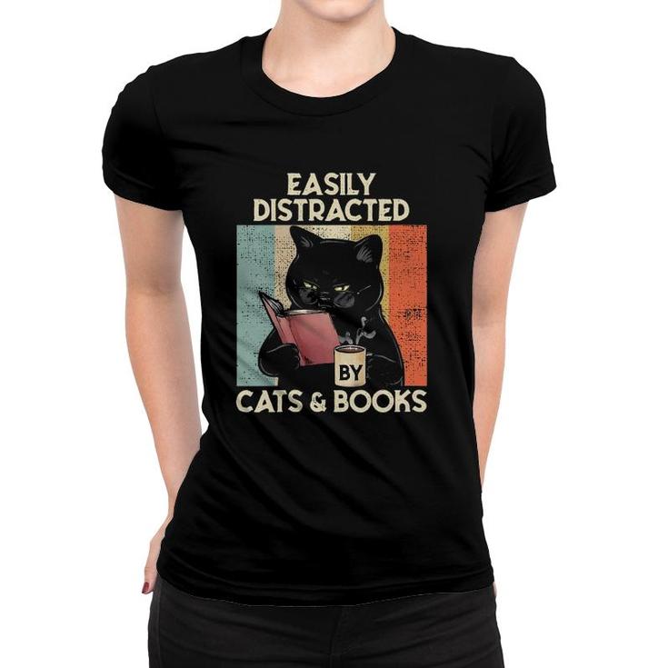 Womens Easily Distracted By Cats And Books For Cat Lovers V-Neck Women T-shirt