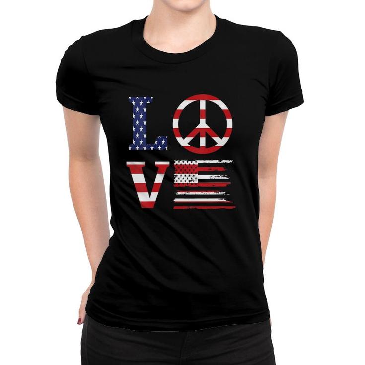 Womens Funny Patriotic 4Th Of July Love American Flag Peace Sign V-Neck Women T-shirt