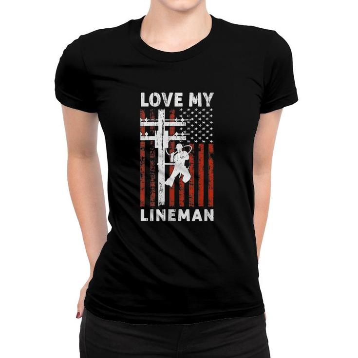 Womens I Love My Lineman Usa Flag 4Th Of July Tank Top Women T-shirt