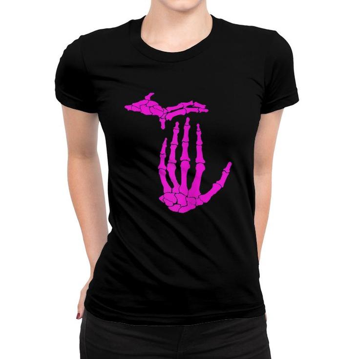 Womens Michigan Pink Skeleton Hand Women T-shirt