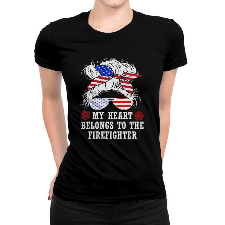 Womens My Heart Belongs To Fire Captain Firefighter Mom Wife Gifts V-Neck Women T-shirt