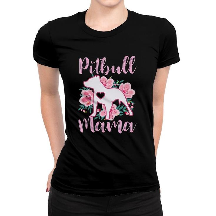 Womens Pitbull Mama Pink Flowers Pittie Mom Cute Mommy Gift V-Neck Women T-shirt