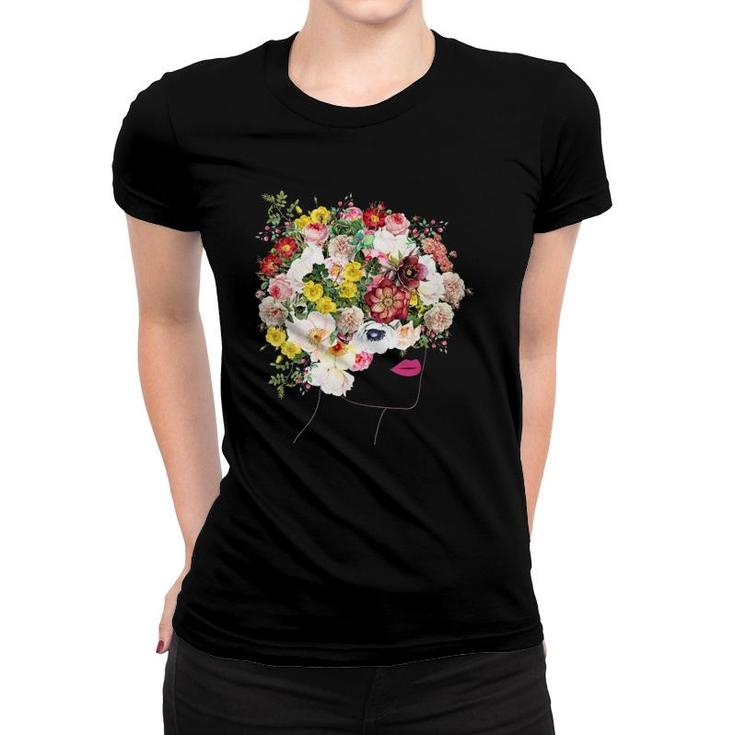 Womens Portrait With Floral Hair Botanical Inspired Flowers Graphic V Neck Women T-shirt