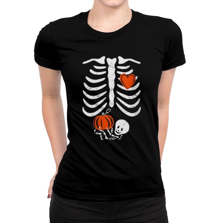 Womens Skeleton Heart Rib Cage Xray Pumpkin Halloween Women T-shirt