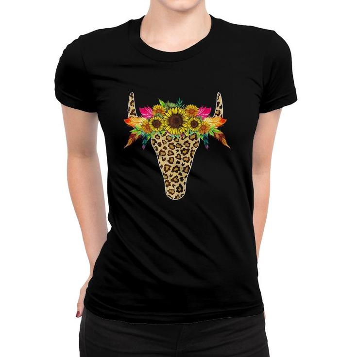 Womens Sunflower Leopard Cow Bull Skull Costume Mother's Day Women T-shirt