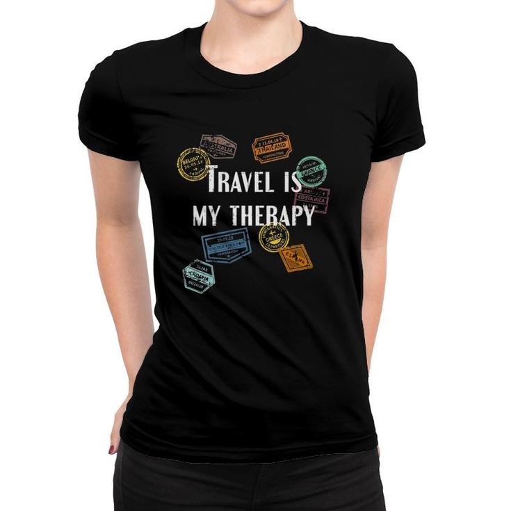 Womens Travel Is My Therapy Distressed World Traveler Passport V-Neck Women T-shirt