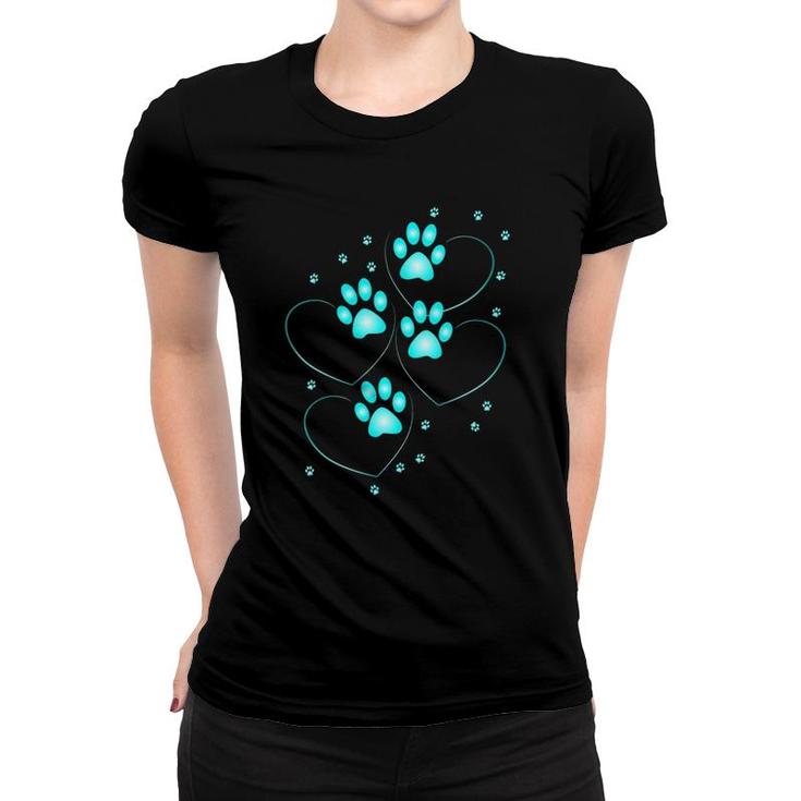 Womens Turquoise Hearts With Paws Of A Dog Or Cat V-Neck Women T-shirt