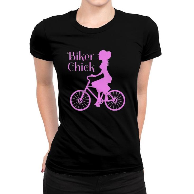 Womens Vintage Bike Biker Chick On Bicycle Quote Pink Print Women T-shirt