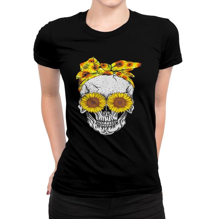 Womens Vintage Sunflower Skull Decor Graphic Face Eyes Women T-shirt