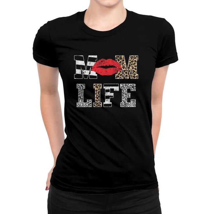 Womens Women Mom Life Vintage Leopard Pattern Red Lips Mother's Day Women T-shirt