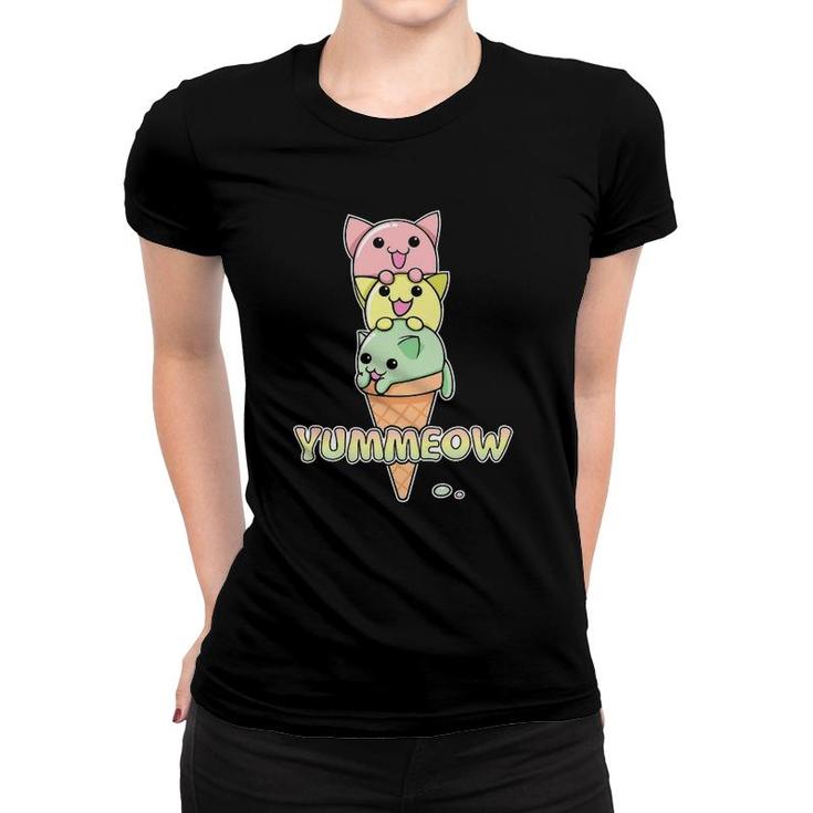 Yummeow Cat Ice Cream Cone Funny Kawaii Kitten Women T-shirt