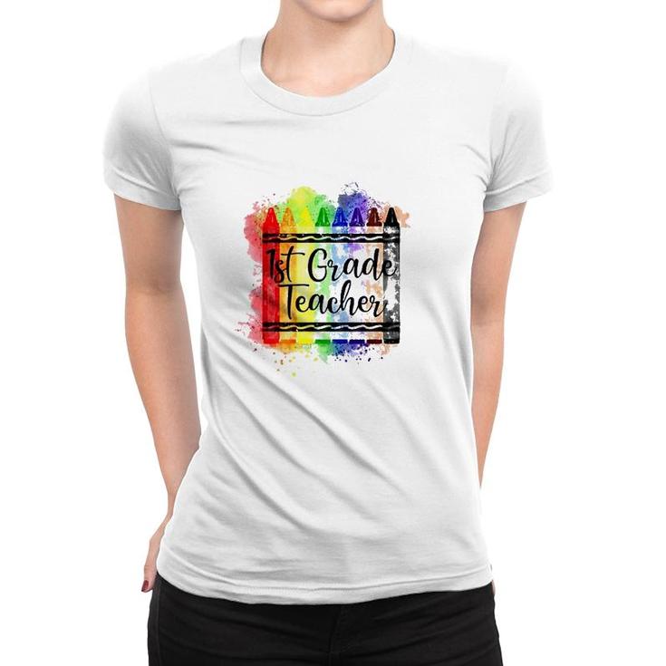 1St Grade Teacher Crayon Colorful Teacher Gift Women T-shirt