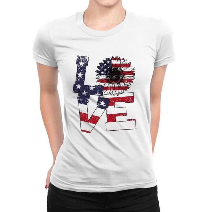 4Th Of July Love Sunflower Patriotic American Flag Women T-shirt