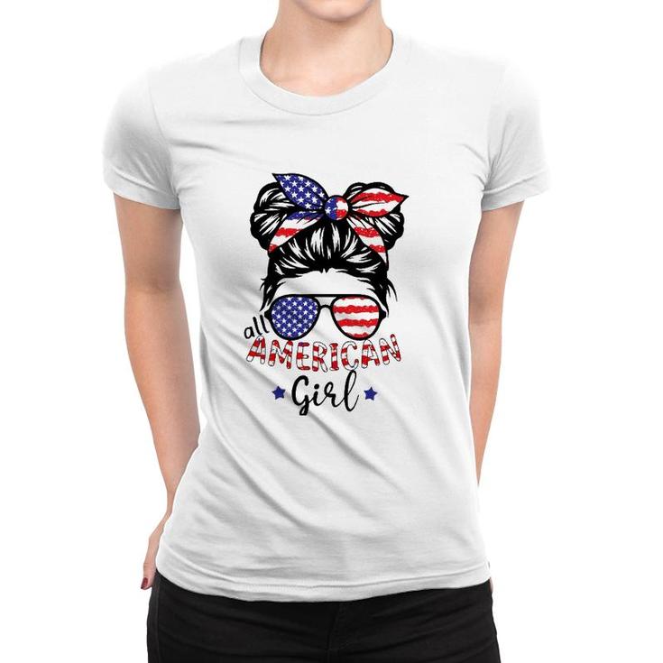 All American Girls 4Th Of July  Daughter Messy Bun Usa Women T-shirt
