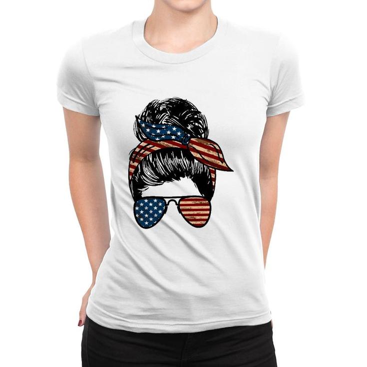 All American Mama Mother's Day Gift 4Th Of July Messy Bun American Flag Sunglasses Bandana Women T-shirt
