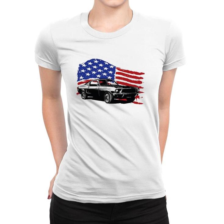 American Muscle Car With Flying American Flag For Car Lovers Women T-shirt