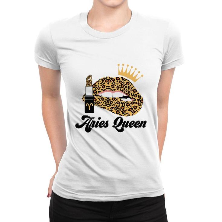 Aries Queen Aries Girls Yellow Lipstick Leopard Birthday Gift Women T-shirt