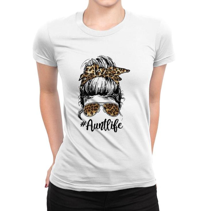 Aunt Life Cute Messy Bun Leopard Girl Mother's Day Funny Women T-shirt