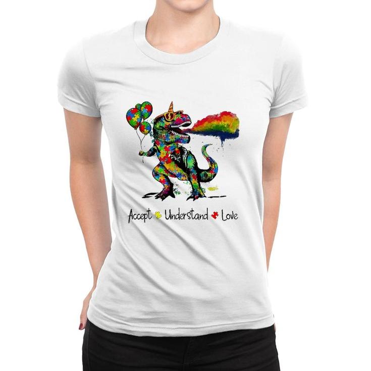 Autism Awareness Accept Understand Love Dinosaur Watercolor Women T-shirt