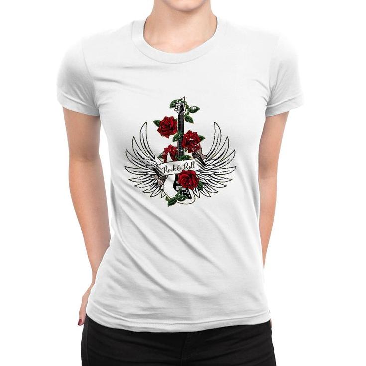 Bass Guitar Wings Roses Distressed Rock And Roll Design Women T-shirt