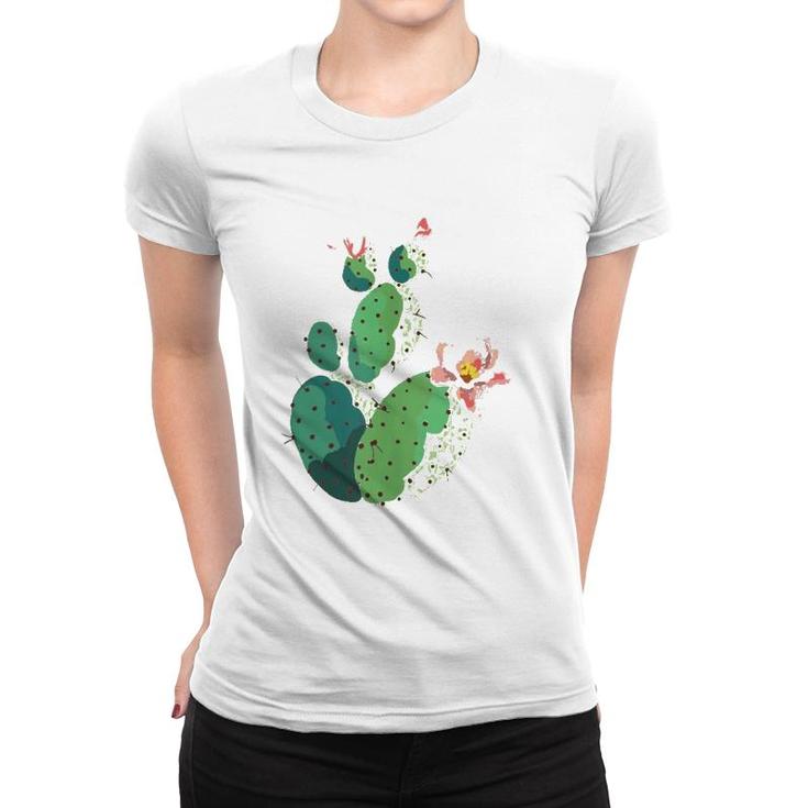 Beautiful Cactus Tree Pink Flowers Hand Drawn Painting  Women T-shirt