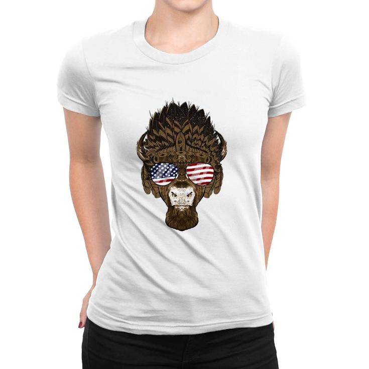 Bison Buffalo Wearing Usa Sunglasses American Flag Patriotic Women T-shirt
