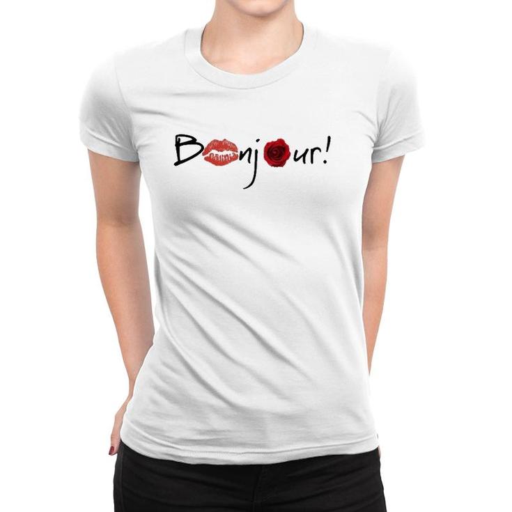 Bonjour Graphic With Lips And Rose Images Women T-shirt