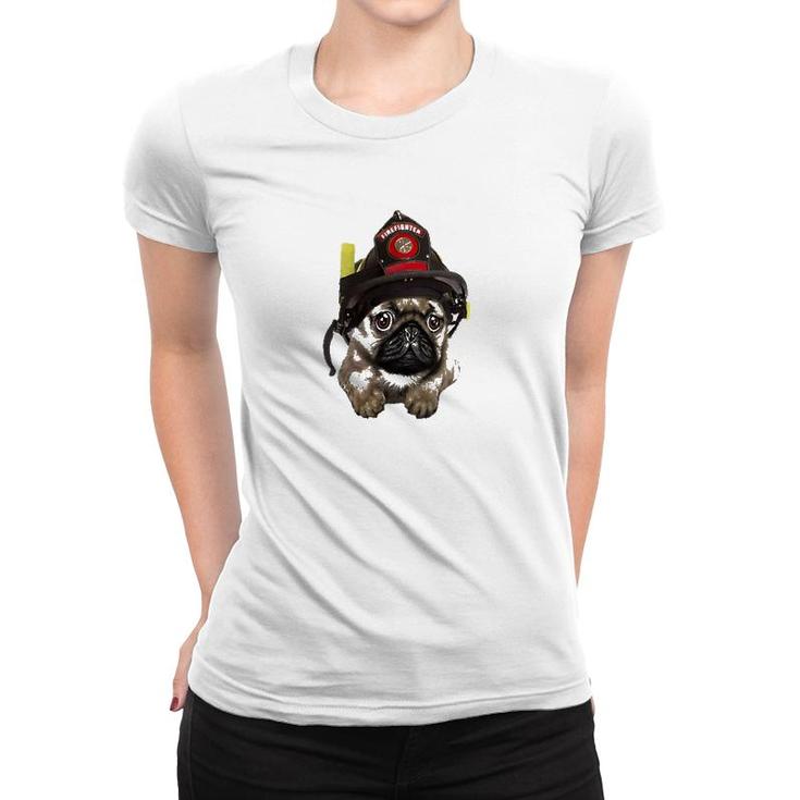 Brave Pug In Firefighter Helmet Cute Pocket Dog Women T-shirt