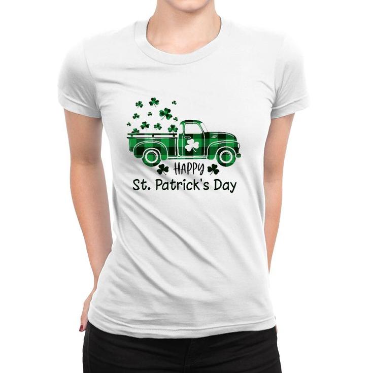 Buffalo Plaid Shamrock Vintage Truck Happy St Patrick's Day Women T-shirt