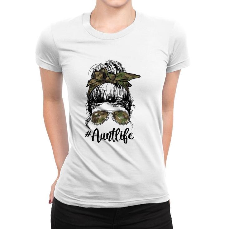 Camouflage Aunt Life Messy Bun Girl Veterans Day Mother's Day Women T-shirt