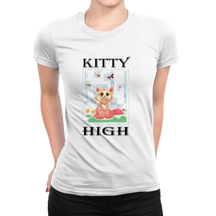Cat Kitty High Clouds Women Apparel Butterflies Flowers Tee Women T-shirt