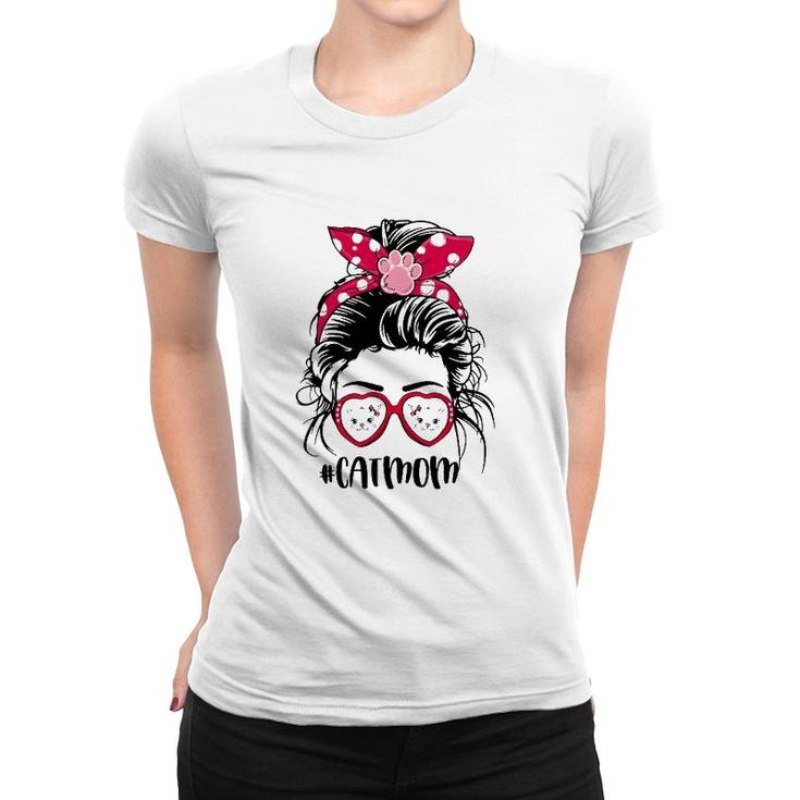 Cat Mom For Cat Faces Lovers Paw Print Heart Sunglasses Mother's Day Messy Bun Hair Polka Dots Bandana Women T-shirt