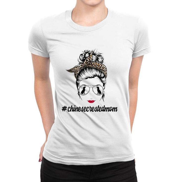 Chinese Crested Dog Mom Messy Bun Leopard Women Puppy Lover Women T-shirt
