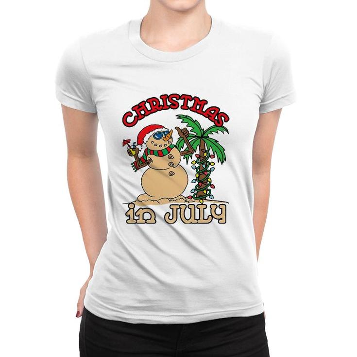 Christmas In July Snowman Sand Palm Tree Summer Women T-shirt