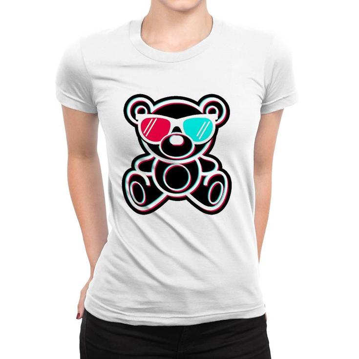 Cool Teddy Bear Glitch Effect With 3D Glasses Women T-shirt