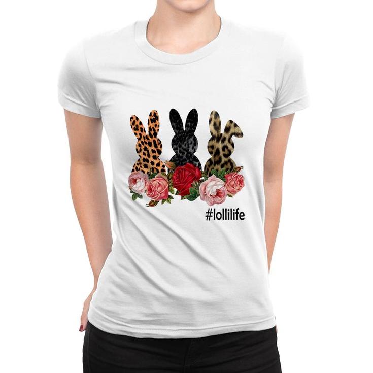 Cute Bunny Flowers Lolli Life Happy Easter Sunday Floral Leopard Plaid Women Gift Women T-shirt