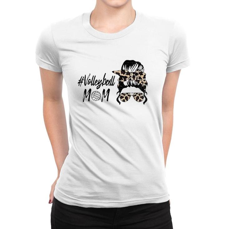 Cute Mother's Day Volleyball Mom Leopard Print Messy Bun Women T-shirt