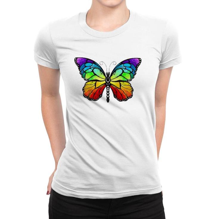 Cute Rainbow Monarch Butterfly Aesthetic Gift Raglan Baseball Tee Women T-shirt