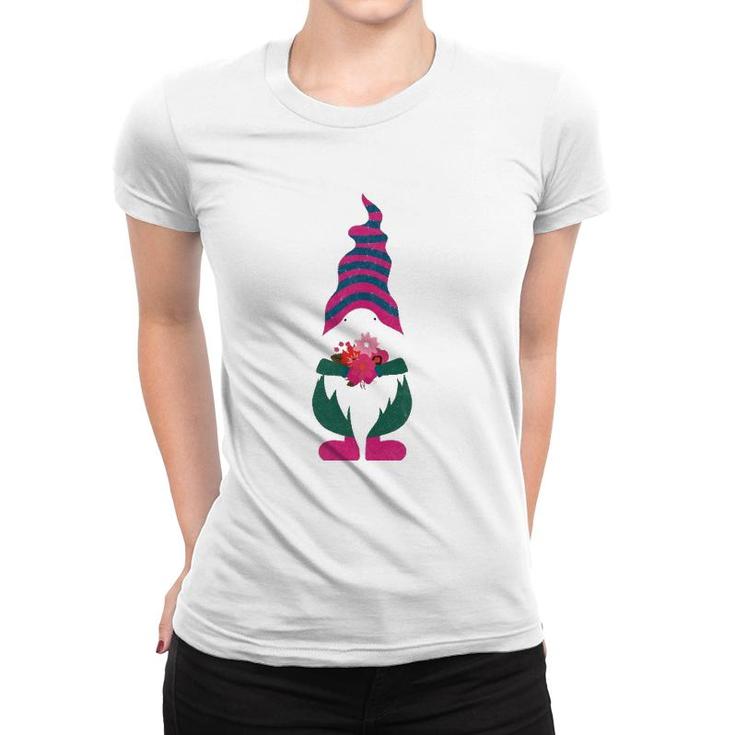 Cute Valentine Gnome Holding Flowers And Hearts Tomte Gift Women T-shirt