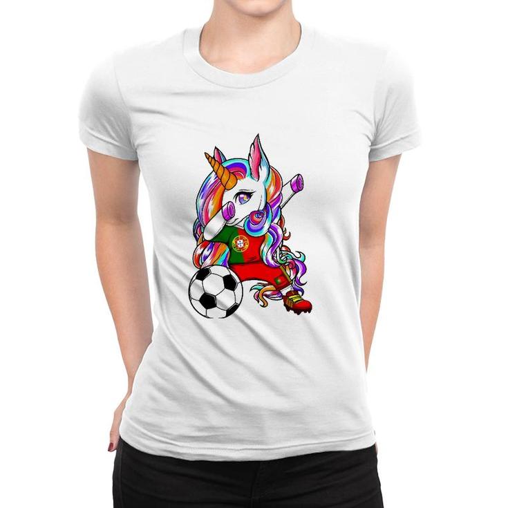 Dabbing Unicorn Portugal Soccer Fans Jersey Flag Football Women T-shirt