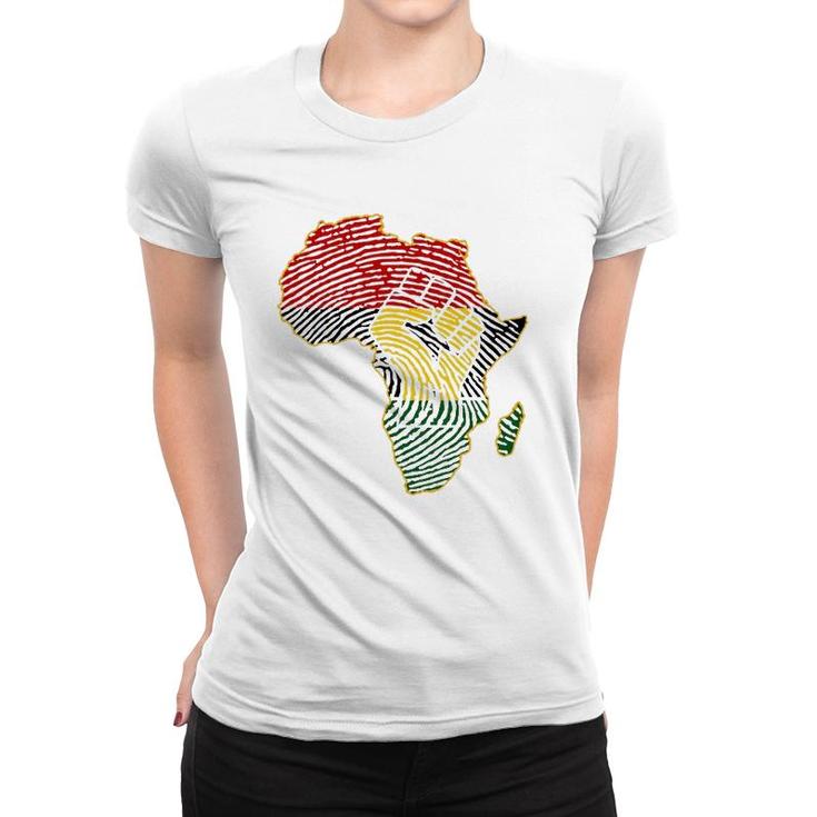 Fist Africa Map African Flag Fingerprint Black History Month Women T-shirt
