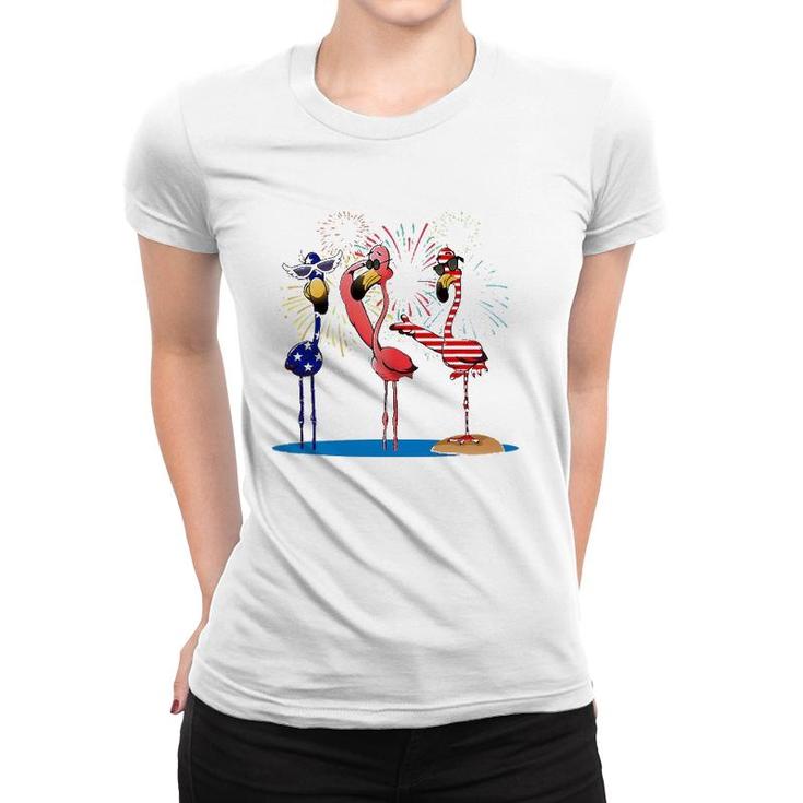 Flamingo American Flag Shadow The 4Th July 2021 Funny Women T-shirt