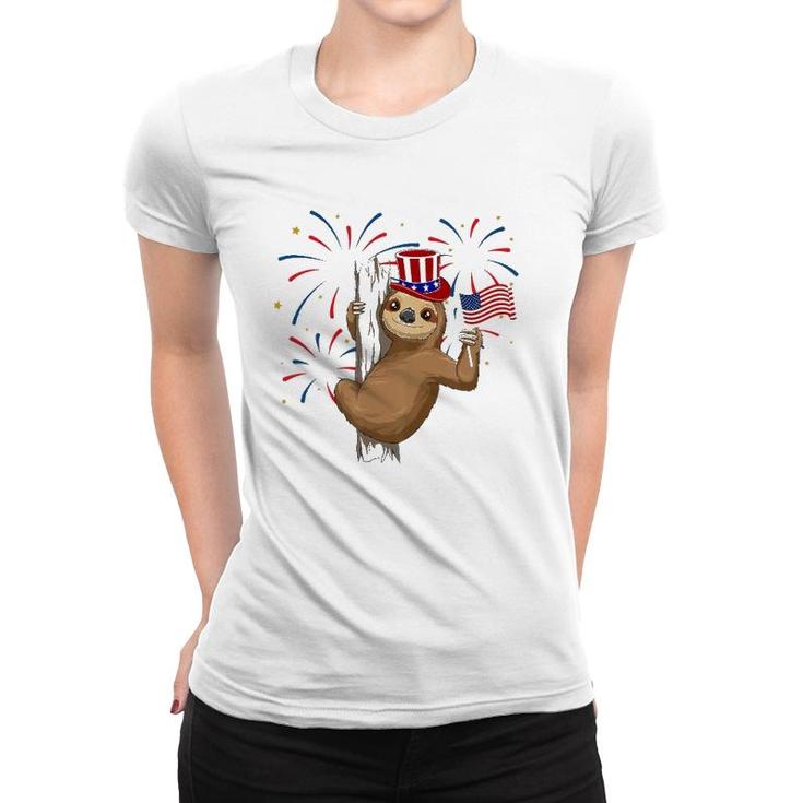 Funny 4Th Of July Sloth With American Flag Patriotic Women T-shirt