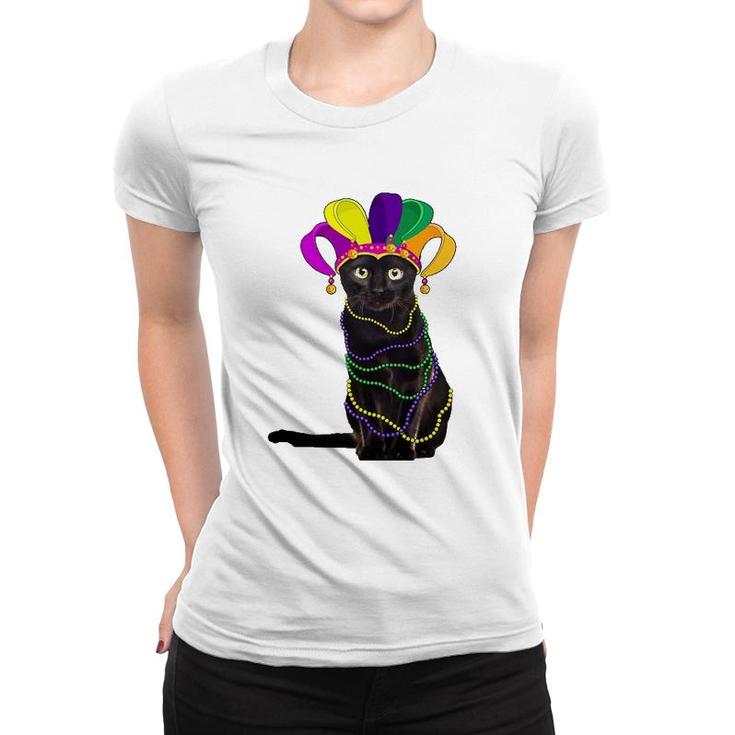 Funny Black Cat In Mardi Gras New Orleans Carnival Costume Women T-shirt