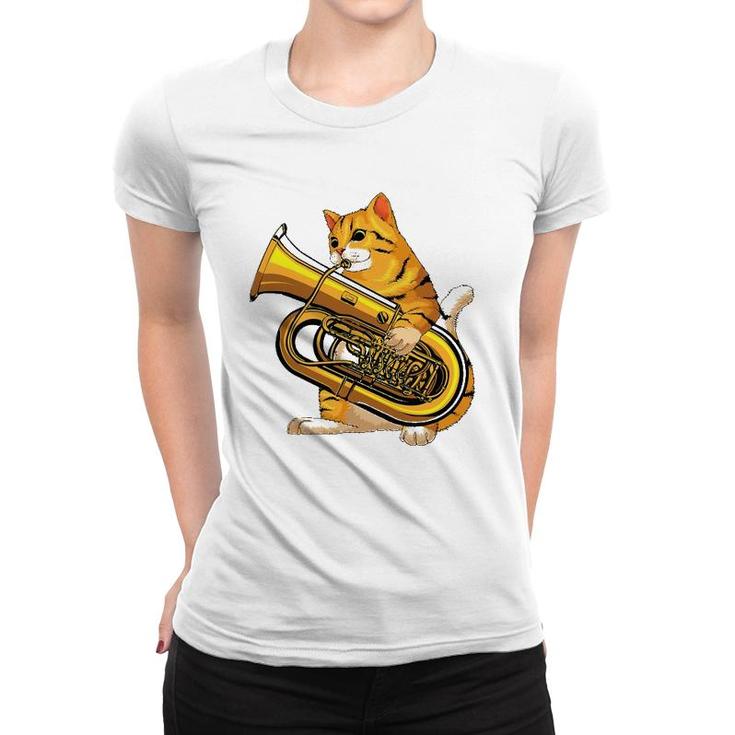 Funny Cat Playing Tuba Gift Cute Kitten Musician Fan Women T-shirt
