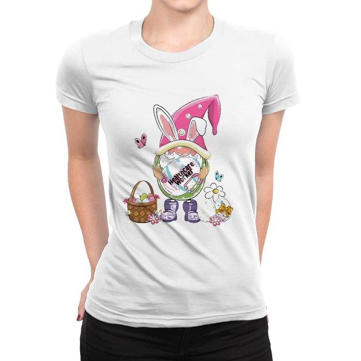 Funny Gnome Holding Easter Eggs Healthcare Worker Bunny Women T-shirt