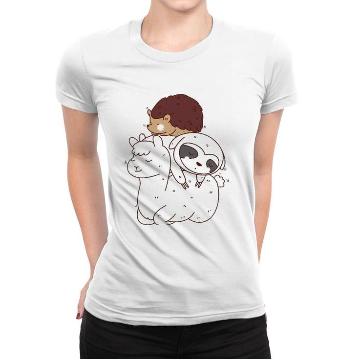 Funny Hedgehog Riding Sloth Riding Llama Women T-shirt