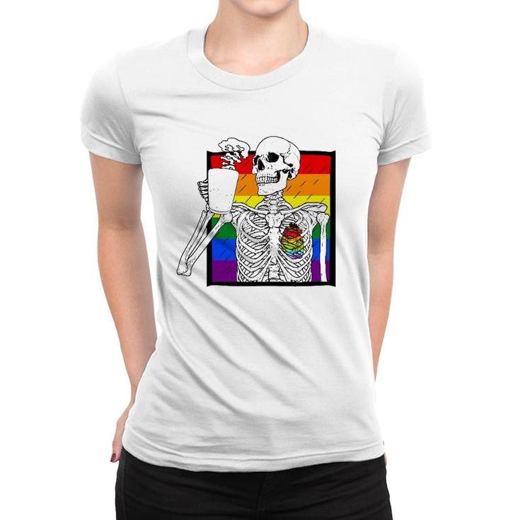 Goth Skeleton Coffee Gay Lesbian Pride Rainbow Human Heart Women T-shirt