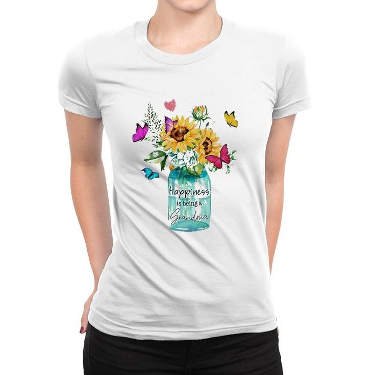 Grandmother Gift Happiness Is Being A Grandma Sunflowers Butterflies Women T-shirt