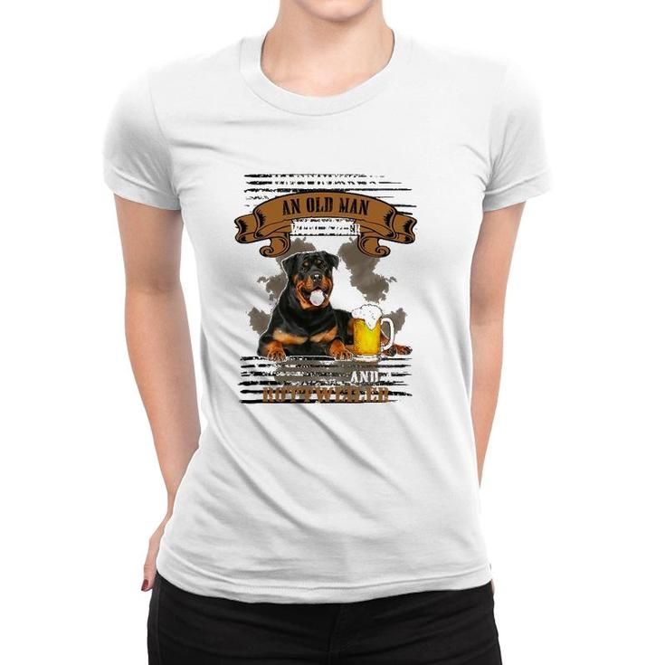 Happiness Is Old Man With Beer And A Rottweiler Sitting Near Women T-shirt
